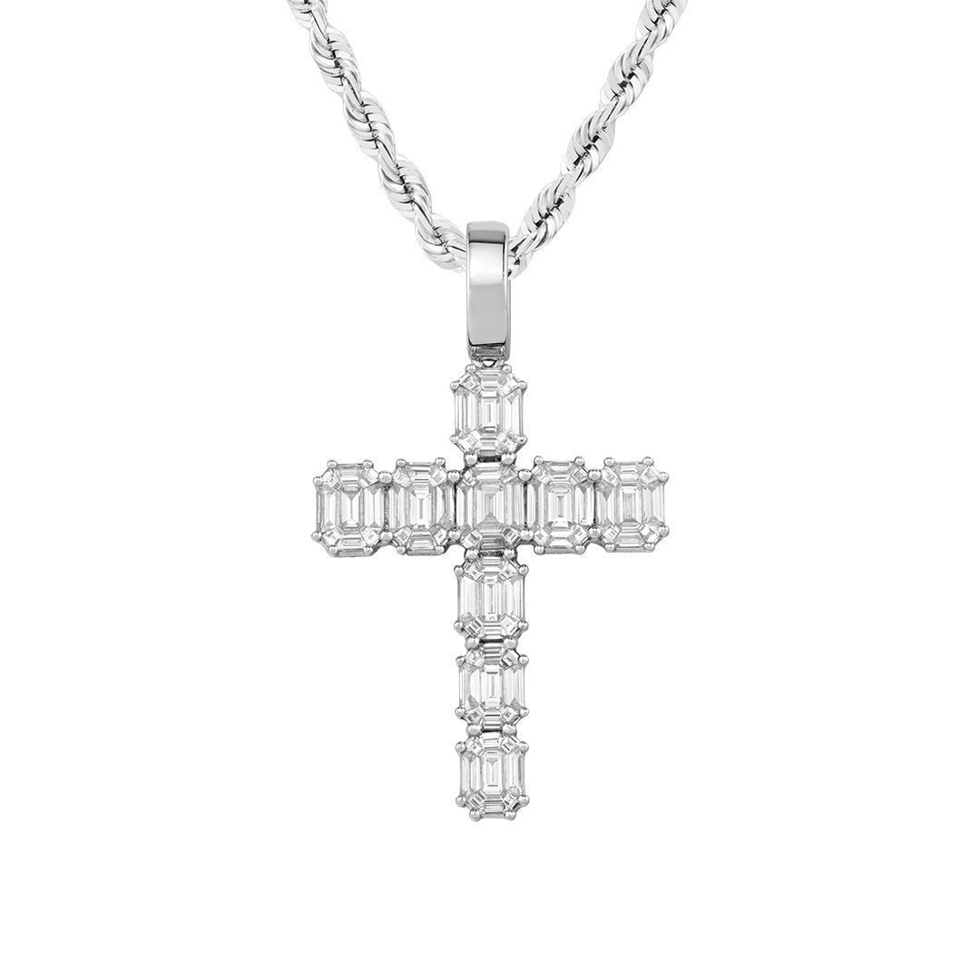 Diamond Emerald Cut Cross Pendant in 14k White Gold 4.50 Ctw