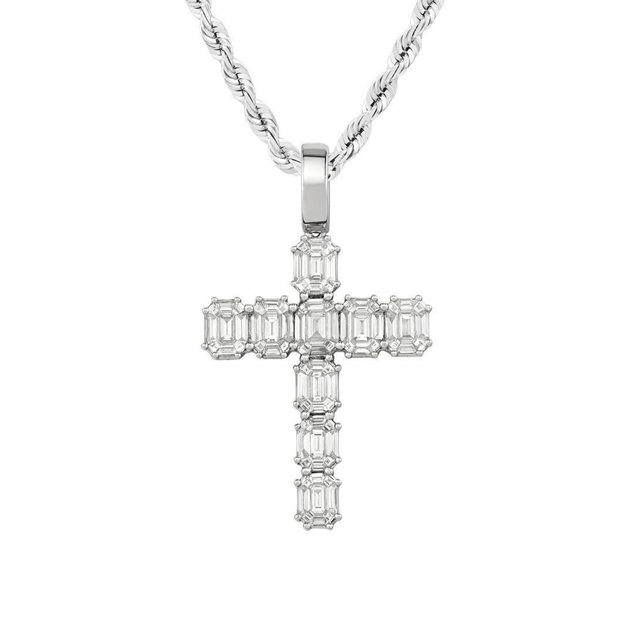 Diamond Emerald Cut Cross Pendant in 14k White Gold 4.50 Ctw