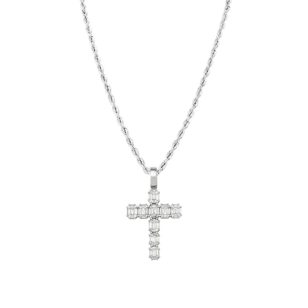 Diamond Emerald Cut Cross Pendant in 14k White Gold 4.50 Ctw