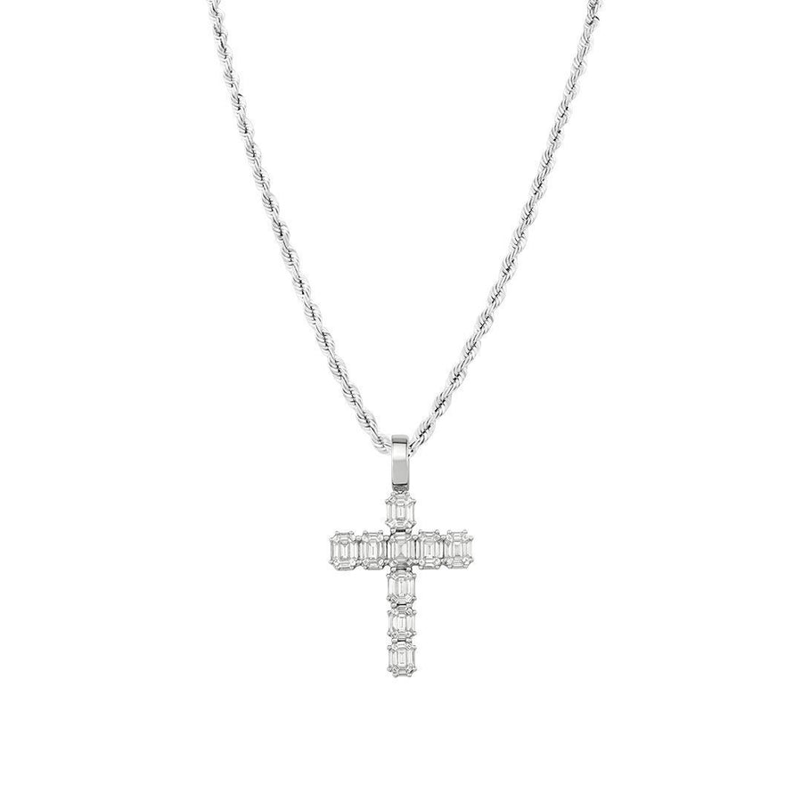 Diamond Emerald Cut Cross Pendant in 14k White Gold 4.50 Ctw
