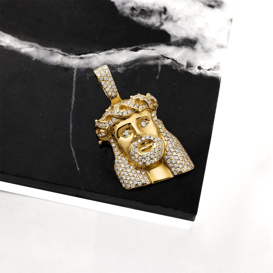 yellow Diamond Jesus Piece Head in 14k Yellow Gold 1.75 ctw