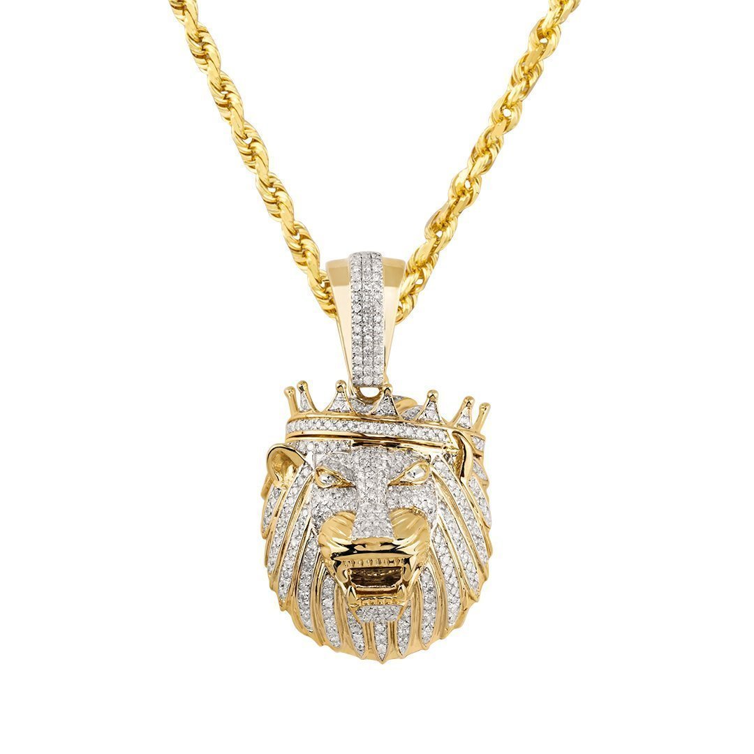 Yellow Diamond Lion Head with Crown Pendant in 10k Yellow Gold 1 Ctw