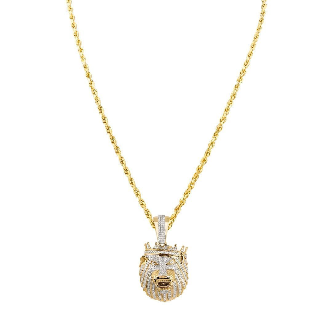 Yellow Diamond Lion Head with Crown Pendant in 10k Yellow Gold 1 Ctw