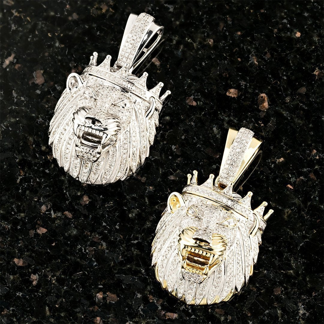 Yellow Diamond Lion Head with Crown Pendant in 10k Yellow Gold 1 Ctw