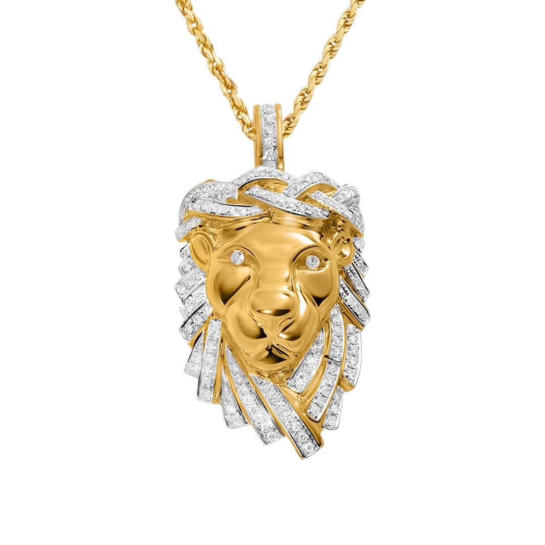 Yellow Diamond Lion Jesus Pendant in 14k Yellow Gold 1.16 Ctw