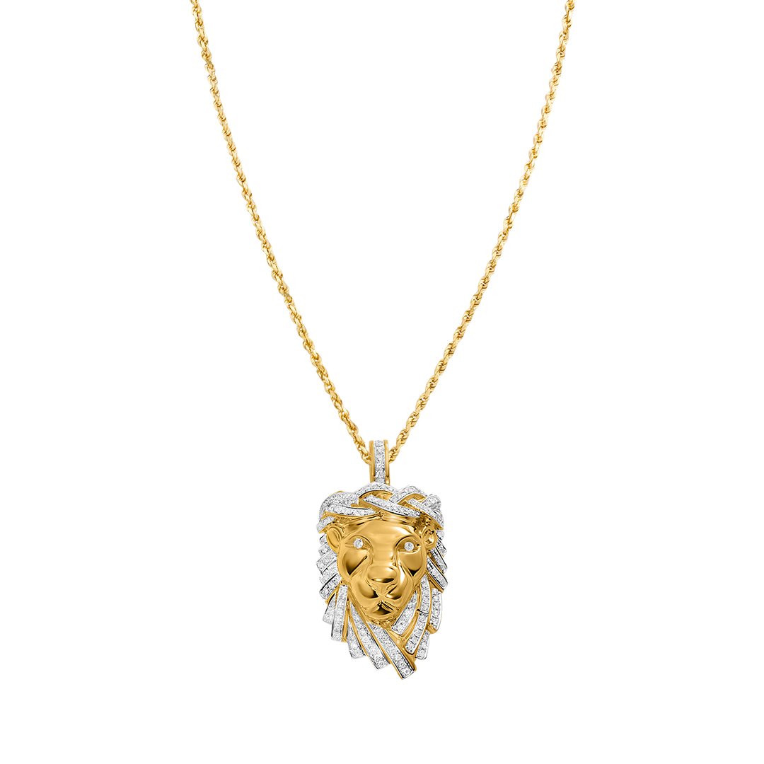 Yellow Diamond Lion Jesus Pendant in 14k Yellow Gold 1.16 Ctw