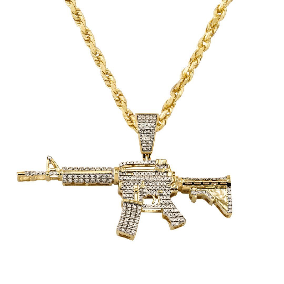 Diamond Rifle Gun Pendant 10k Yellow Gold 0.74 Ctw