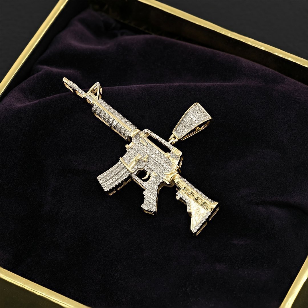 Diamond Rifle Gun Pendant 10k Yellow Gold 0.74 Ctw