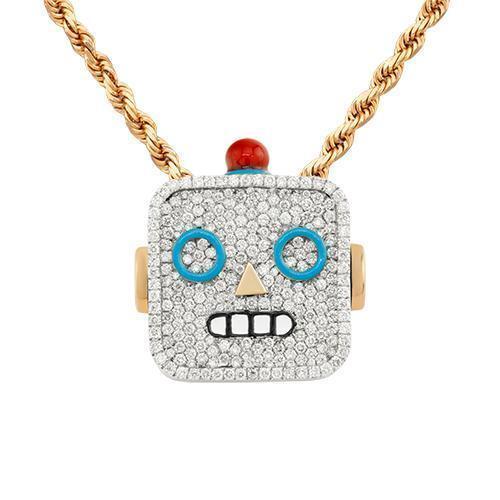 14k Two Tone Gold Diamond Robot Pendant 2.30 Ctw