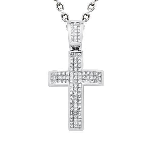 Diamond Three Row Invisible Set Cross Pendant 14k White Gold 2.5 Ctw