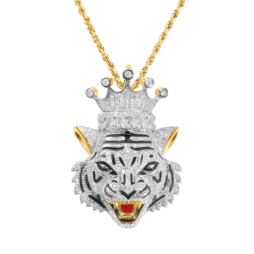 White , Yellow Diamond Tiger Pendant in 10k Gold .69 Ctw