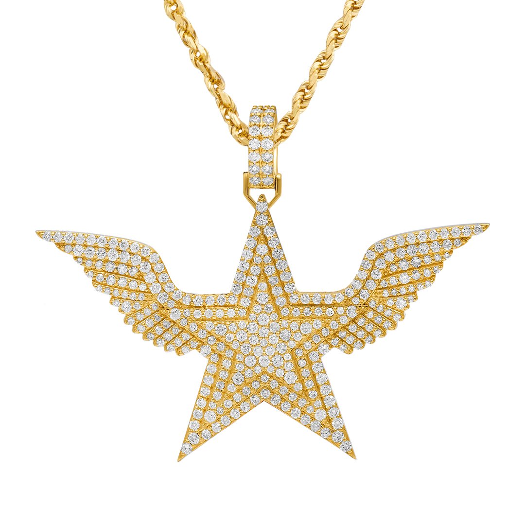 14k Yellow Gold Diamond Wing Star Pendant 3.84 Ctw