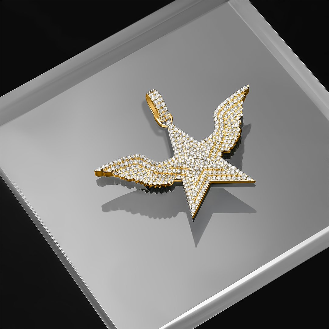 14k Yellow Gold Diamond Wing Star Pendant 3.84 Ctw