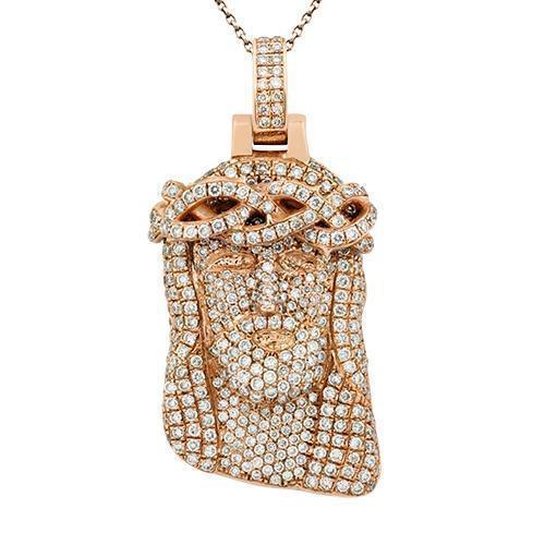 Solid Pave Diamond Jesus Head Pendant in 14k Rose Gold 4 Ctw