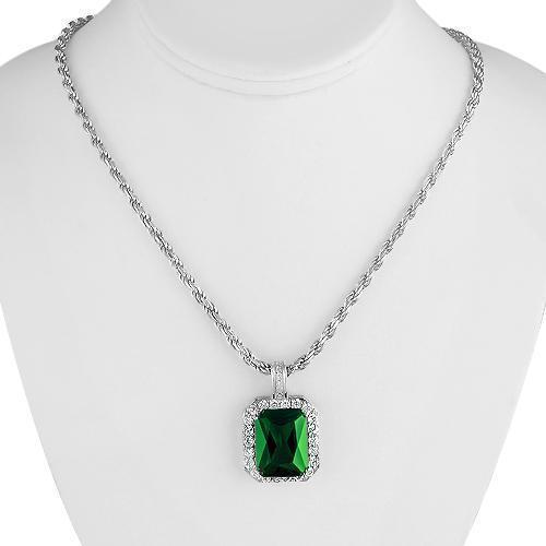 Sterling Silver Rhodium Plated Semi-Precious Crystal Emerald Pendant