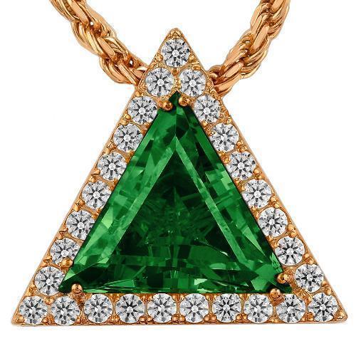 Triangular Sterling Silver Yellow Gold Plated Semi-Precious Crystal Emerald Pendant 13.00 Ctw