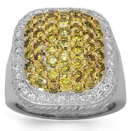 10K Solid White Gold Mens Diamond Ring with Yellow Diamonds 3.75 Ctw