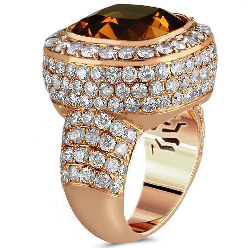 14K Rose Solid Gold Diamond Mens Cognac Citrine Ring 4.70 Ctw