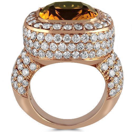 14K Rose Solid Gold Diamond Mens Cognac Citrine Ring 4.70 Ctw