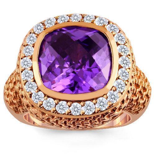 14K Rose Solid Gold Diamond Mens Purple Amethyst Ring 4.70 Ctw
