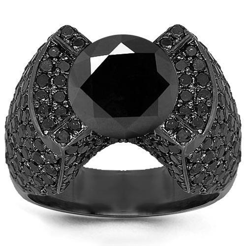 14K Solid Gold Black Rhodium Plated Mens Black Diamond Ring