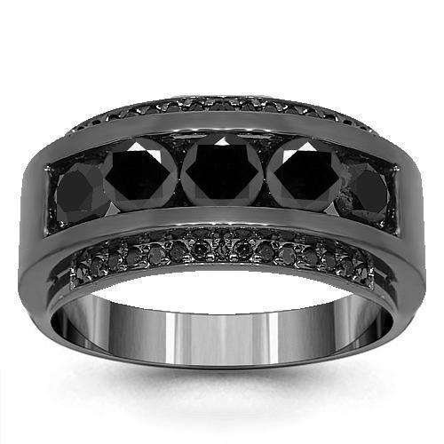 Black Rhodium Mens Black Ring With Black Diamonds 14K Solid Gold