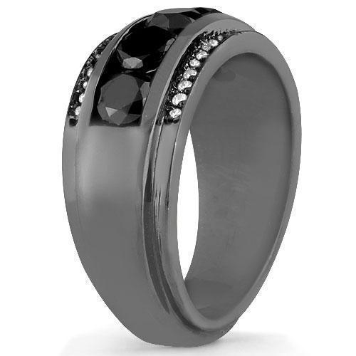 14K Solid Gold Black Rhodium Plated Mens Diamond Ring with White and Black Diamonds 3.50  Ctw