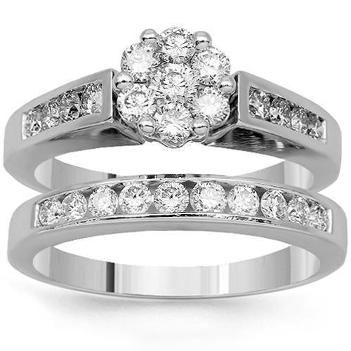 14K Solid White Gold Diamond Bridal Ring Set 1.25 Ctw
