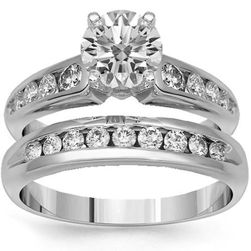 14K Solid White Gold Diamond Bridal Ring Set 1.81 Ctw