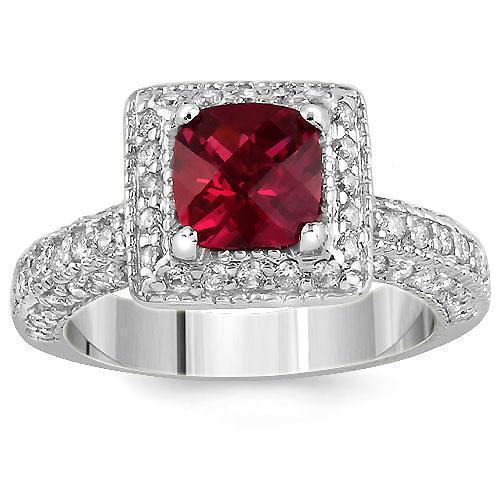14K Solid White Gold Diamond Ring With Red Ruby Gemstone 2.00 Ctw