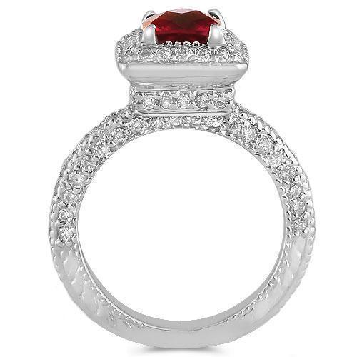 14K Solid White Gold Diamond Ring With Red Ruby Gemstone 2.00 Ctw