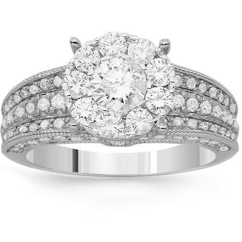 14K Solid White Gold Womens Diamond Cocktail Ring 1.91 Ctw