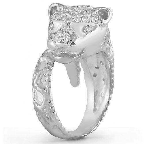 14K Solid White Gold Womens Diamond Tiger Animal Ring 0.55 Ctw