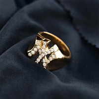 Thumbnail for 14K Solid Yellow Gold Diamond Pinky NY Yankee Ring 0.60 Ctw