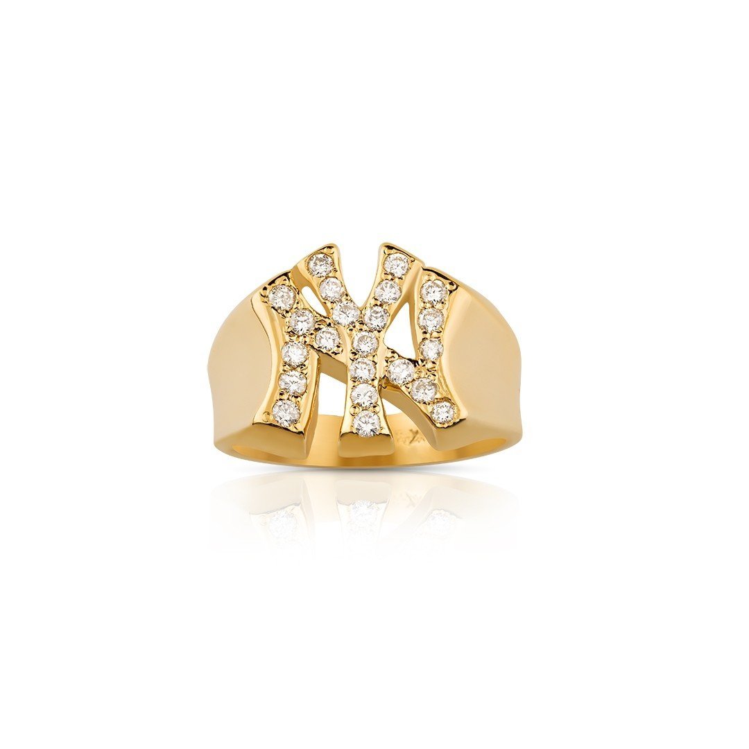 14K Solid Yellow Gold Diamond Pinky NY Yankee Ring 0.60 Ctw