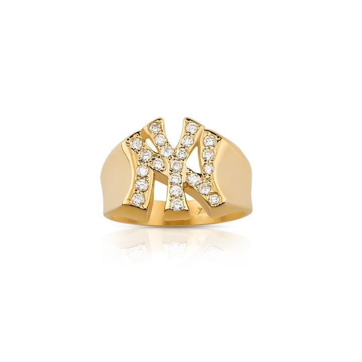 14K Solid Yellow Gold Diamond NY Yankee Ring Ctw