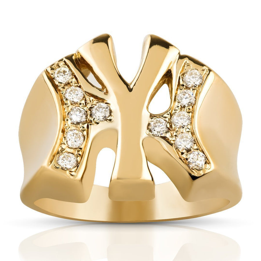 14K Solid Yellow Gold Mens Diamond Pinky Yankee Ring 0.15 Ctw