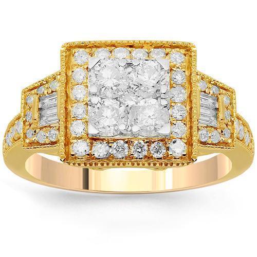 14K Solid Yellow Gold Womens Diamond Cocktail Ring 1.15 Ctw