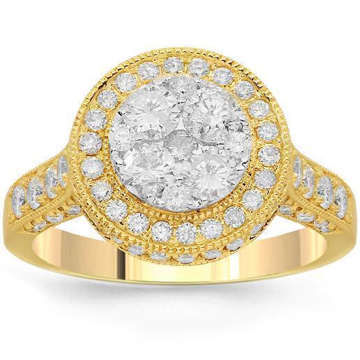 14K Solid Yellow Gold Womens Diamond Cocktail Ring 1.85 Ctw