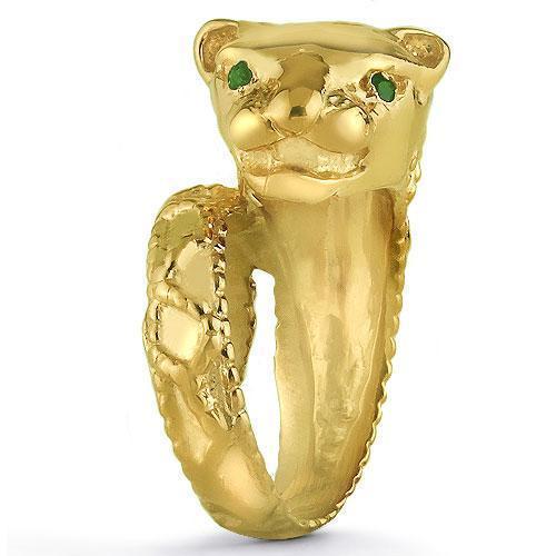 14K Solid Yellow Gold Womens Emerald Tiger Animal Ring 0.06 Ctw