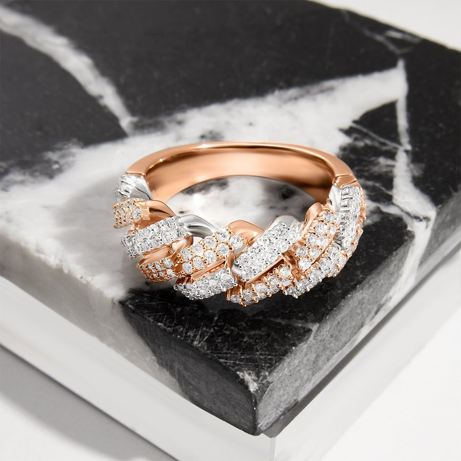 14K Two Tone Gold Diamond Cuban Link Half Band Ring 1.18 Ctw