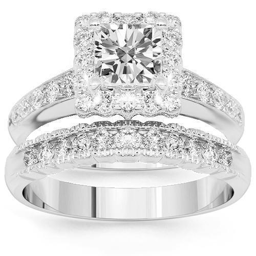 14K White Solid Gold Custom Diamond Bridal Ring Set.