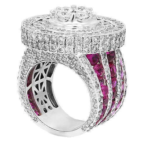 14K White Solid Gold Mens Custom Diamond Ruby Pinky Ring 14.38 Ctw