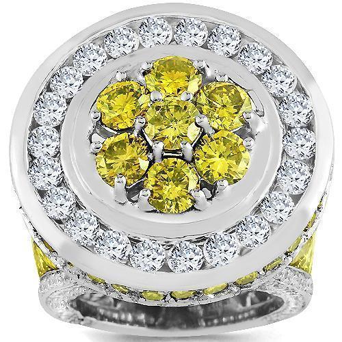 14K White Solid Gold Mens Diamond Custom Pinky Ring with Yellow Diamonds 14.18 Ctw