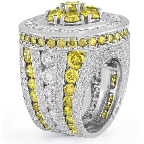 14K White Solid Gold Mens Diamond Custom Pinky Ring with Yellow Diamonds 14.18 Ctw