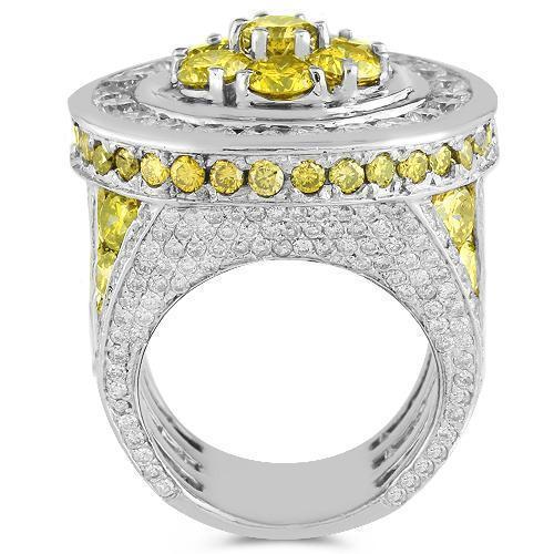 14K White Solid Gold Mens Diamond Custom Pinky Ring with Yellow Diamonds 14.18 Ctw