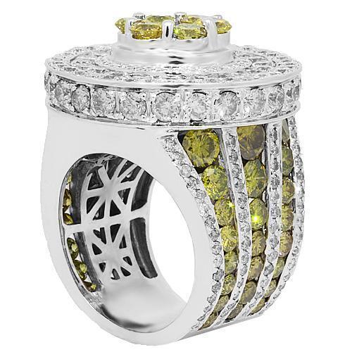 14K White Solid Gold Mens Diamond Custom Pinky Ring with Yellow Diamonds 15.68 Ctw