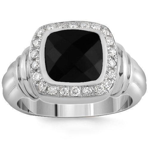 14K White Solid Gold Mens Diamond  Onyx Pinky Ring 3.50 Ctw