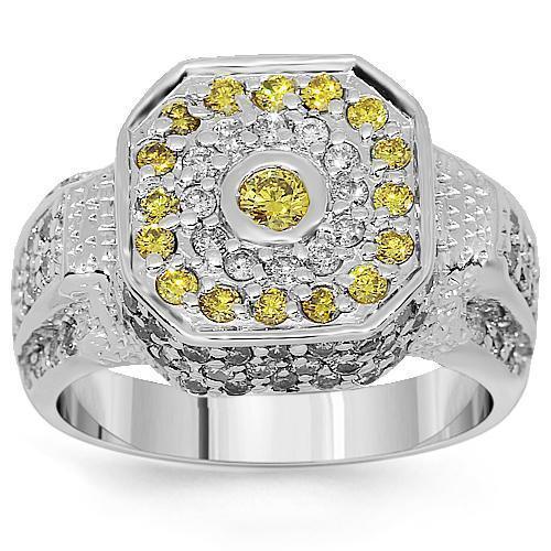 14K White Solid Gold Mens Diamond Pinky Ring with Yellow Diamonds 1.75 Ctw