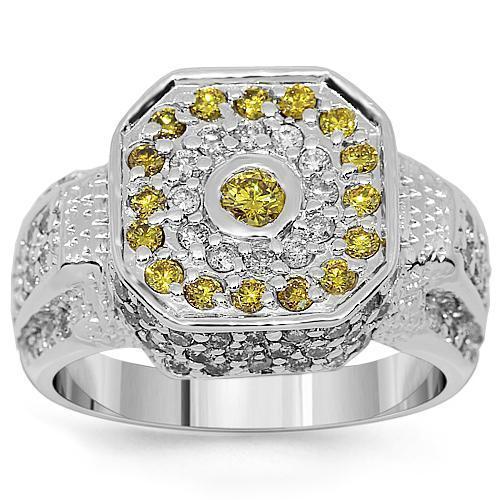 14K White Solid Gold Mens Diamond Pinky Ring with Yellow Diamonds 1.75 Ctw